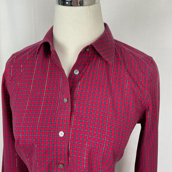 Talbots Red Check Shirt Sz 2P Wrinkle Resistant Shimmering Button Front Holiday - Picture 2 of 6